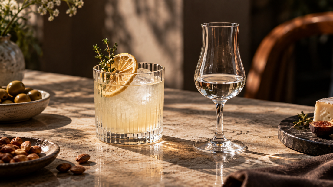 Deux verres de spiritueux artisanaux Sainte Barbe illustrant les différences entre un apéritif et un digestif.