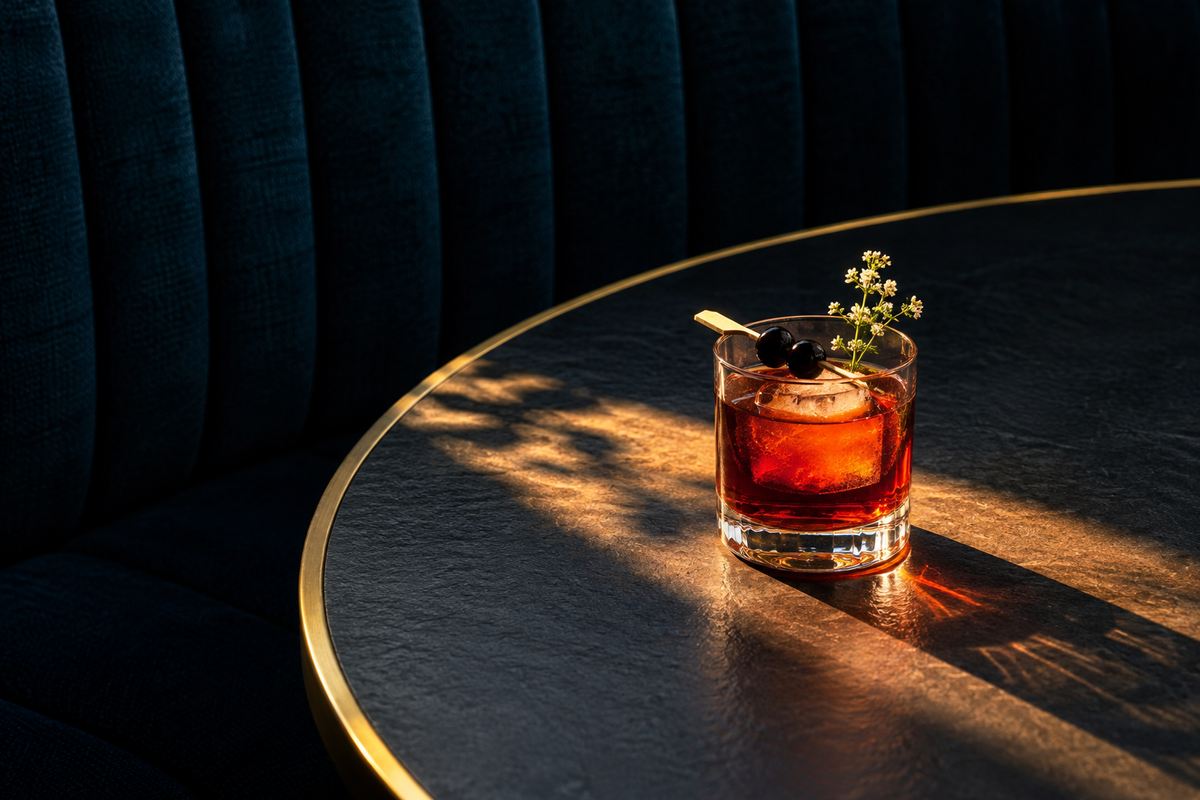 Cocktail artisanal équilibré entre spiritueux, agrumes, sucre et dilution, préparé autour des créations de la Distillerie Sainte Barbe.