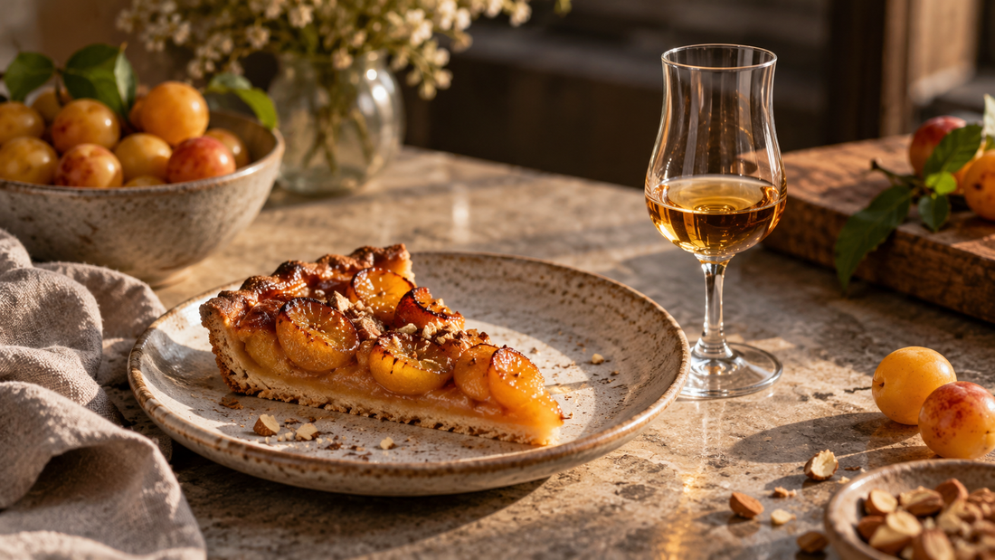 Tarte aux mirabelles accompagnée d'un verre de liqueur artisanale illustrant l'utilisation des spiritueux de la Distillerie Sainte Barbe en pâtisserie.