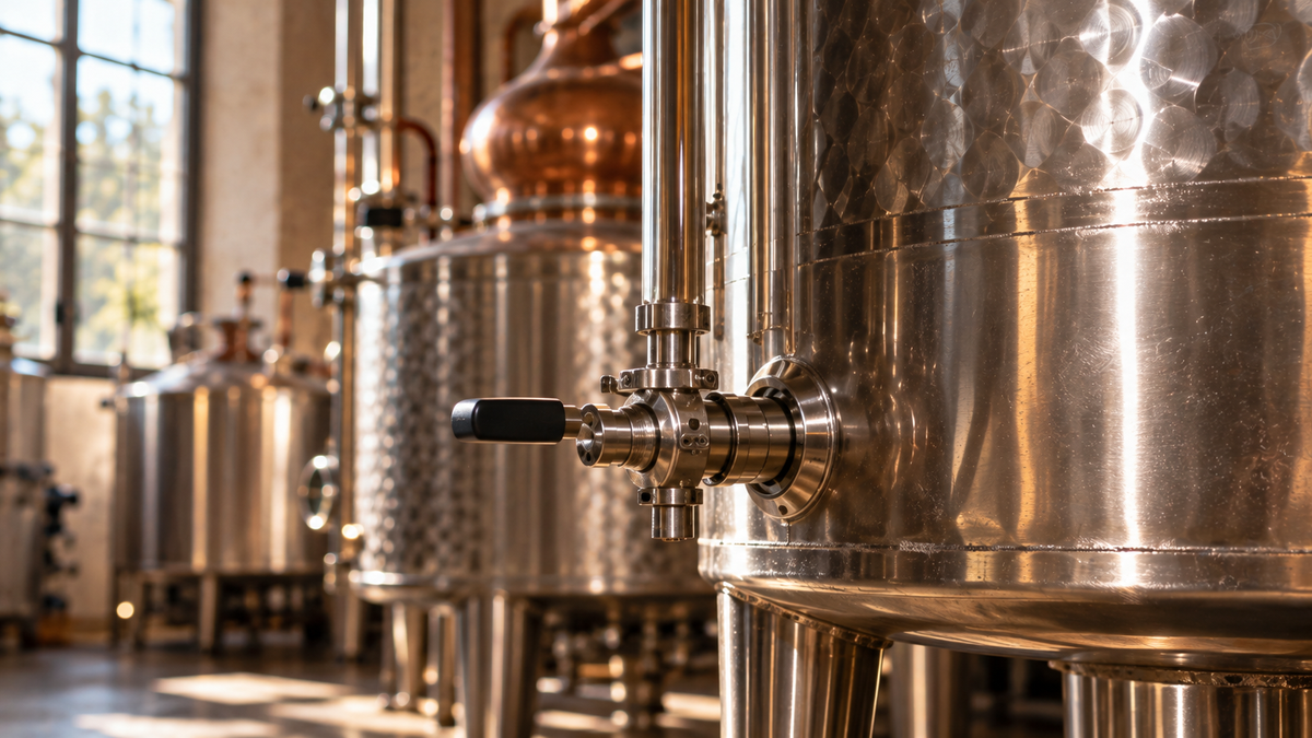 Spiritueux artisanal au repos dans une cuve en inox avant la mise en bouteille à la Distillerie Sainte Barbe