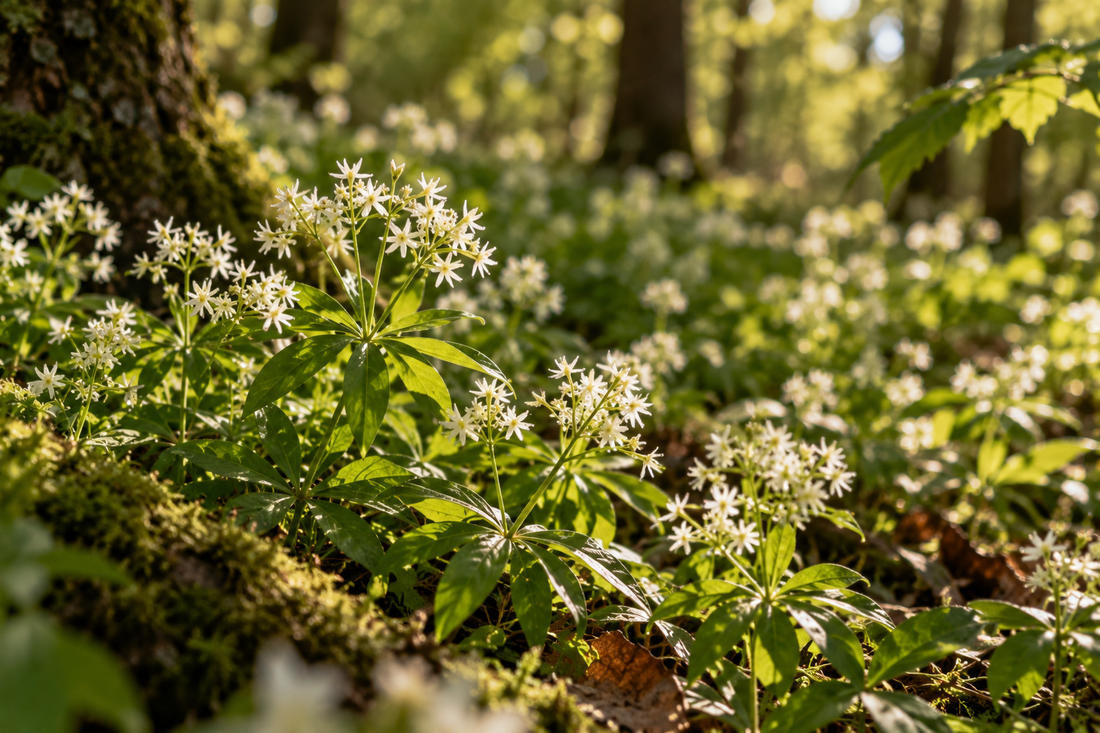 Cueillette de plantes sauvages en forêt lorraine pour la création de spiritueux artisanaux à la Distillerie Sainte Barbe.