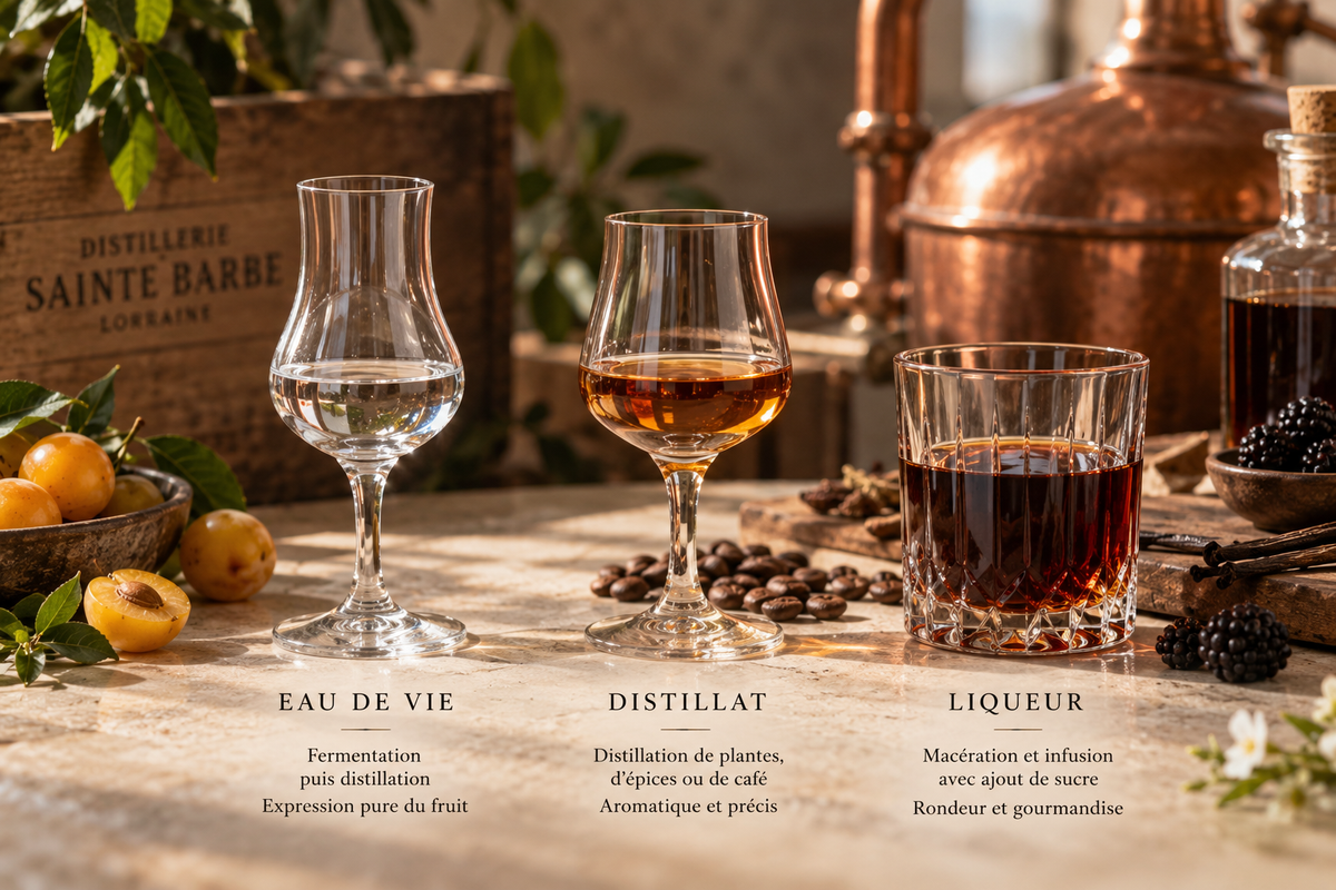 Verres d'au-de-vie, de distillat et de liqueur artisanale illustrant les différentes méthodes de création des spiritueux de la Distillerie Sainte Barbe.