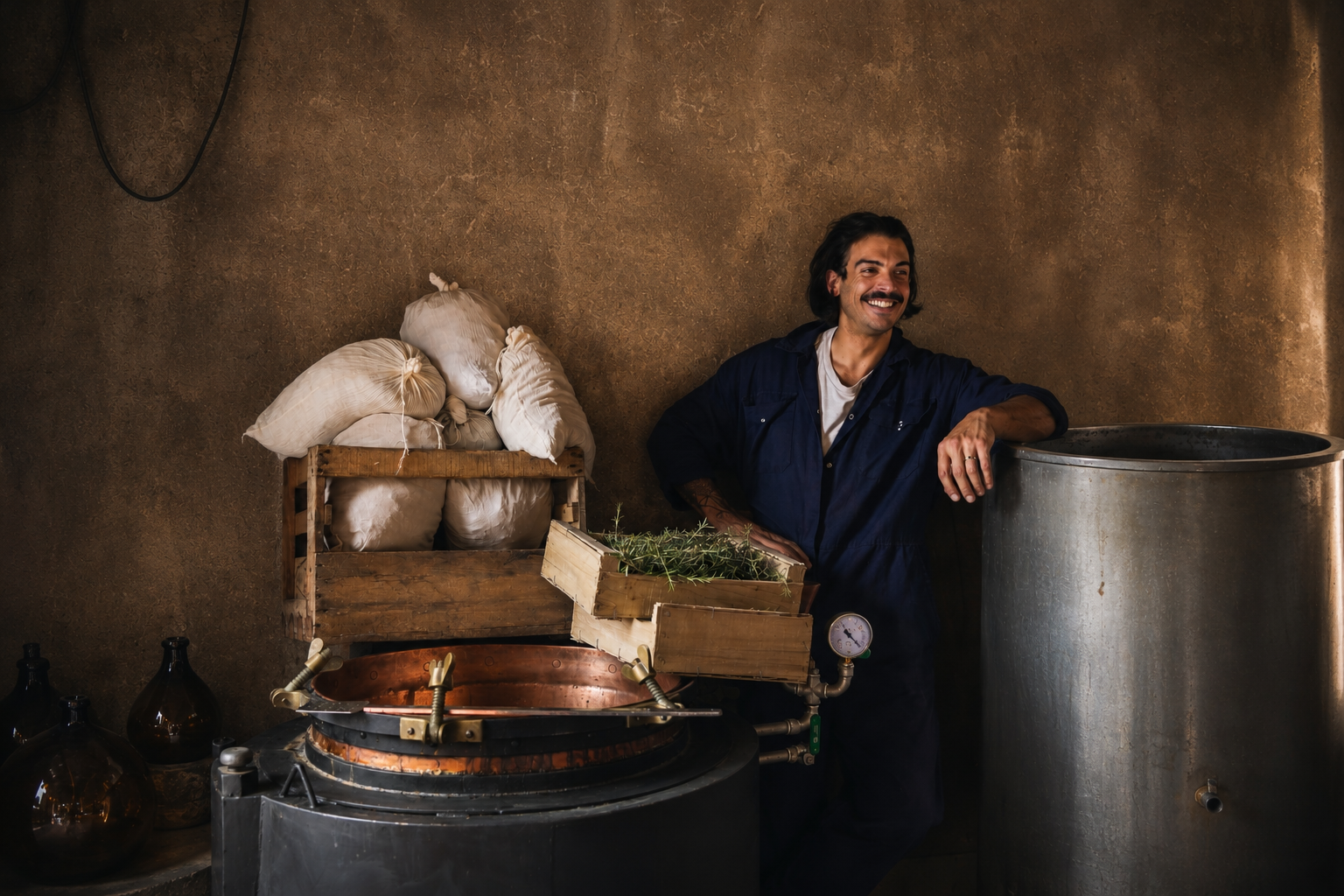 Florian devant l’alambic de la Distillerie Sainte Barbe