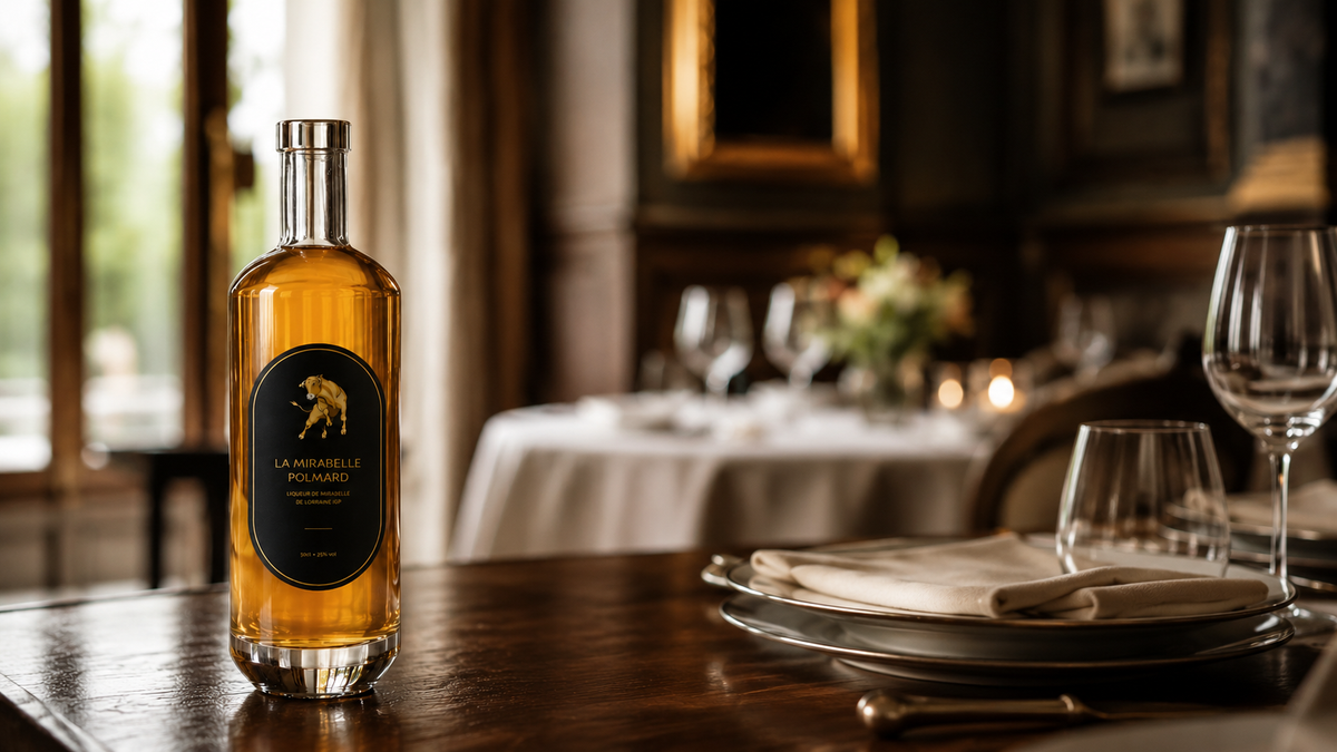 Bouteille de liqueur de mirabelle Polmard sur une table de restaurant