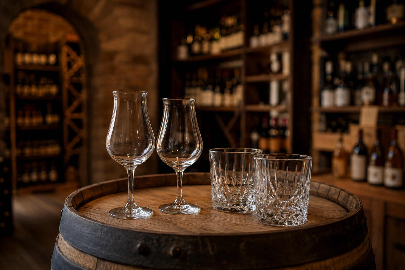 Verres à spiritueux disposés sur un tonneau